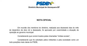 nota oficial PSDB Araraquara