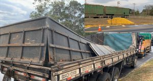 Carroceria cede e carga com 13 toneladas de laranja se espalha pela rodovia