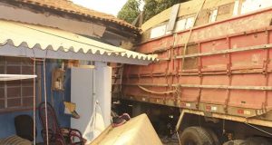 Caminhão desce ribanceira, destrói parte de residência e mata cachorrinha