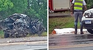 Uma pessoa morre e duas ficam feridas em acidente na região (o que sobrou do carro)