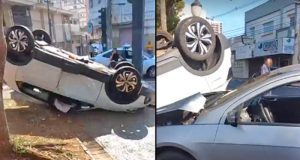 Acidente no centro da cidade assustou, mas ficou nos danos materiais. Ainda bem.