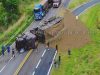 Caminhão tomba na rodovia e deixa carga de ração espalhada na SP-333, em Taquaritinga