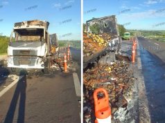 Na madrugada caminhão que transportava frutas sofre pane e fogo se alastra destruindo o veículo