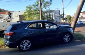 Carro invade canteiro central da Presidente Vargas e bate em palmeira que cai sobre fiação elétrica