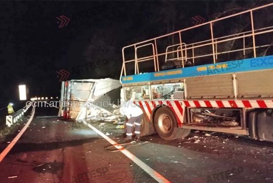 Para evitar choque com caminhão tombado na pista em Dois Córregos, ônibus entra no canteiro central